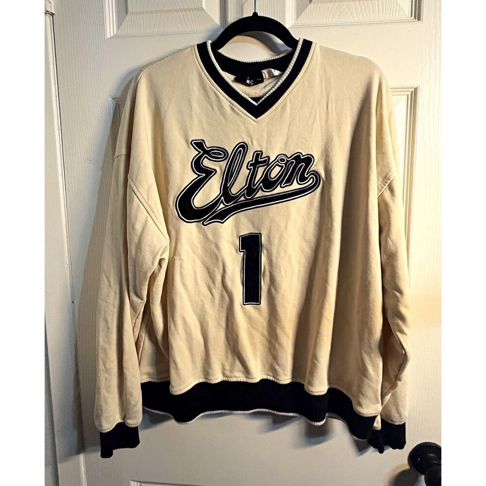 Elton John Cotton On Varsity Sweatshirt M Cream Black #1 Oversized